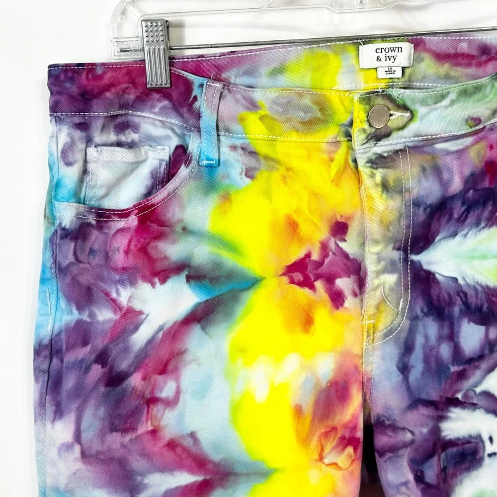 Crown & Ivy Sz 16 Capri Jeans‎ Handmade Tie Dye Denim Yellow Purple Raw Hem 1478